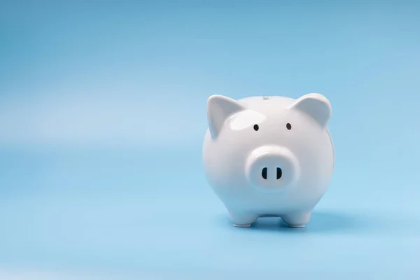 Single white piggy banks on blue background with copy space. Concept saving money, investment, save money in future, and finance.