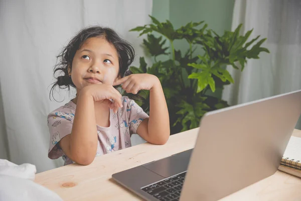 Asiatische Kinder Mädchen Denken Online Studie Von Lehrer Lehren Videoanruf Stockbild