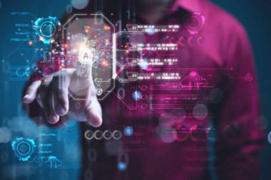 Bir bulut bilgisayar ağında dijital yapay zeka yapay zekasına dokunan bir iş adamı. Ağ hatları ve çeşitli simgeleri çevreleyen yapay zeka beyin devresi içeren parlayan bir holografik simge.