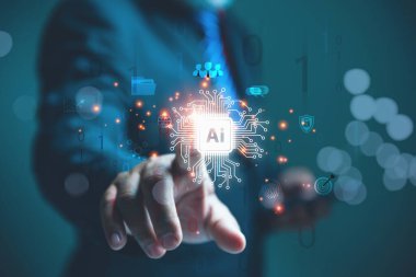 İş dünyasındaki yapay zeka teknolojisi, iş adamı gelecekteki dijital arayüzle etkileşimi. Yapay zeka sembolü gösteren sanal bir arayüzle profesyonel etkileşim..