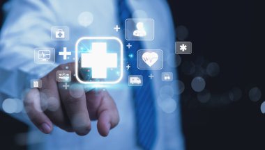 Doktor Dokunma Dijital Tıbbi Ağı, Sağlık Teknolojisi Konsepti. Teletıp, sağlık sigortası kavramları, ve yapay zekanın entegrasyonu ve tıp alanında yenilik.