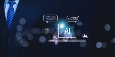 Makine öğrenme kavramları, çalışmanın geleceği için büyük veri analizleri. Takım elbiseli bir işadamı gelişmiş yapay zeka teknolojisi ve program çözümleri, veri analizi ve dijital dönüşüm kullanır..