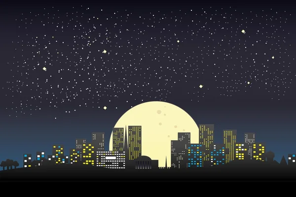 Silueta de ciudad nocturna y cielo nocturno con estrellas y luna . — Vector de stock