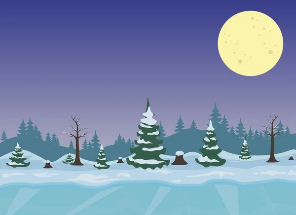Wektor zima noc pejzaż z lasu i księżyc — Wektor stockowy
