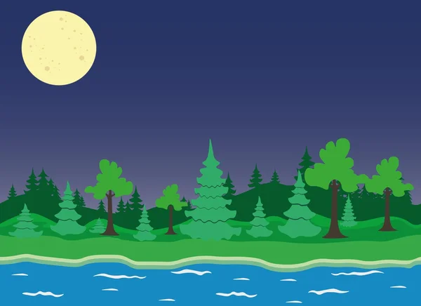 Hutan musim panas di malam hari dengan bulan purnama - Stok Vektor