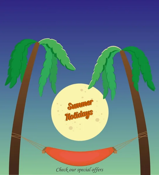 Summer holidays illustration with night beach palms at moon light — Stock Vector