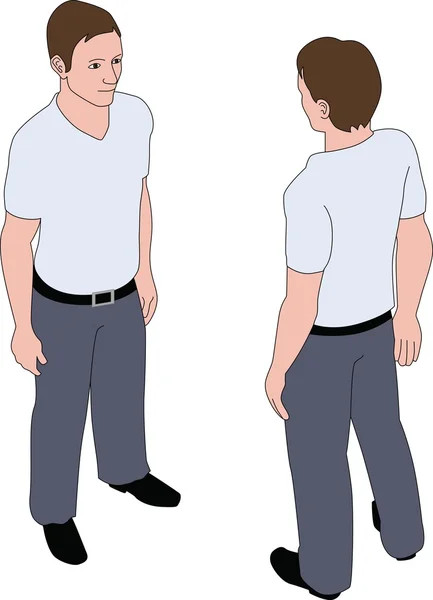 等距穿着 t 恤和牛仔裤的前面和后面的姿势 — 图库矢量图片
