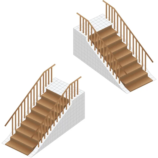 Escaleras isométricas. Escaleras de madera con barandilla y plataforma . — Vector de stock