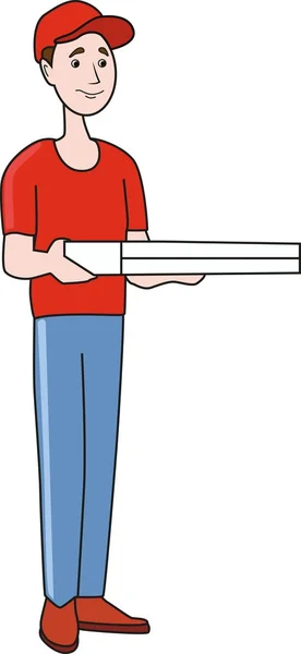 Anak muda pengantar pizza berdiri dengan kotak pizza - Stok Vektor