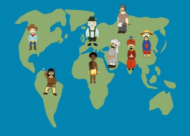 Dünya Haritası ve insanlar geleneksel kostümleri. Dünya ülkesi: Amerikan, Hint, Rusça, Çince, Almanca, Arapça, Afrika.