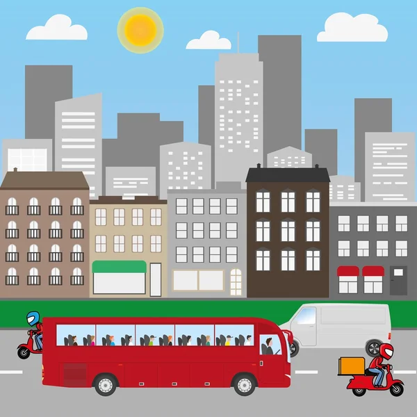 City street with tall buildings, bus, cars and scooters. Downtown street view. — Stock Vector