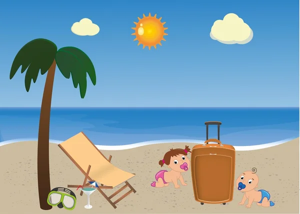 Divertente carino cartone animato bambina e bambino ragazzo che gioca sulla spiaggia — Vettoriale Stock