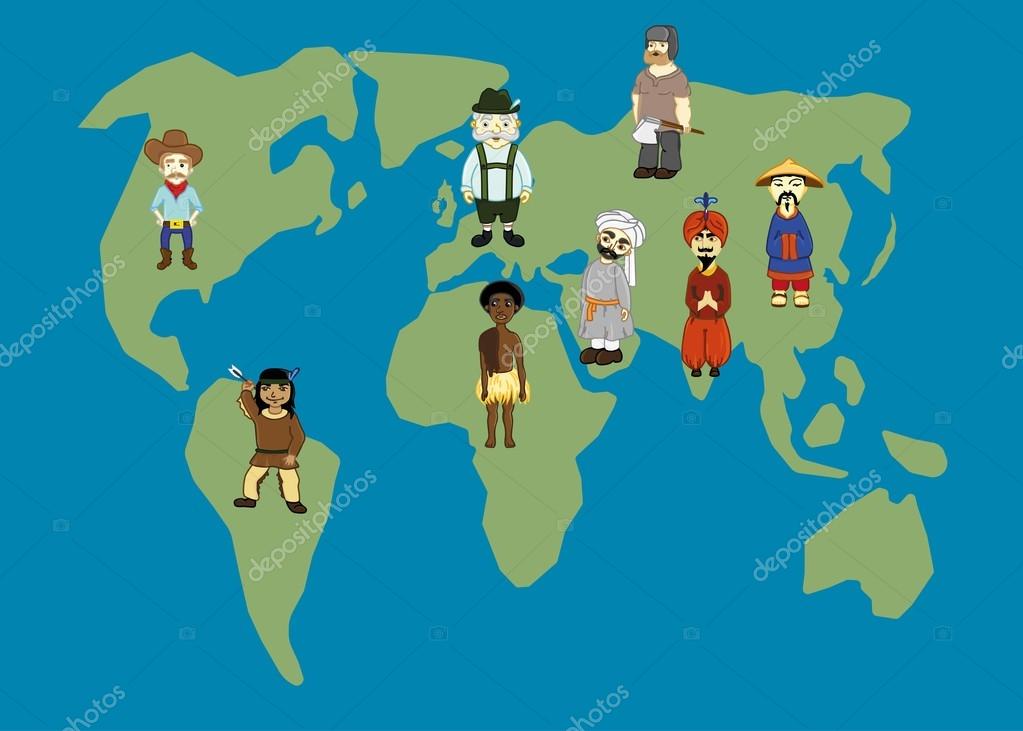 Carte du monde et les gens en costumes traditionnels. Pays