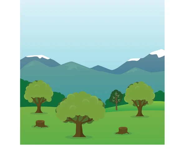 Vista al bosque con árboles y montañas - diseño plano — Vector de stock