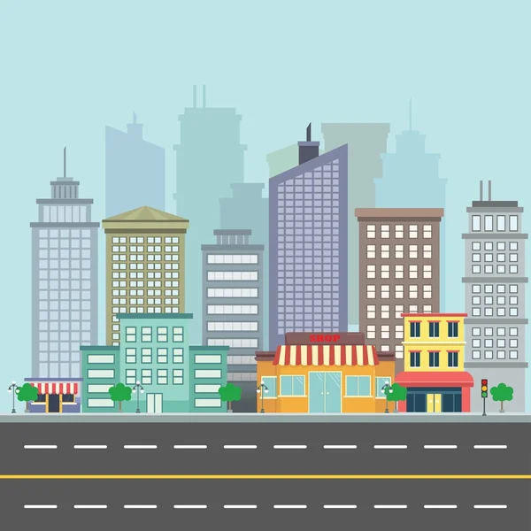 Pohled na ulice města s budov a skyscrappers — Stockový vektor