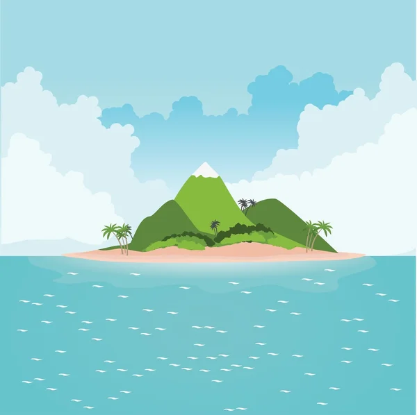 Τροπικό νησί στον ωκεανό με φοίνικες και βουνά — Διανυσματικό Αρχείο