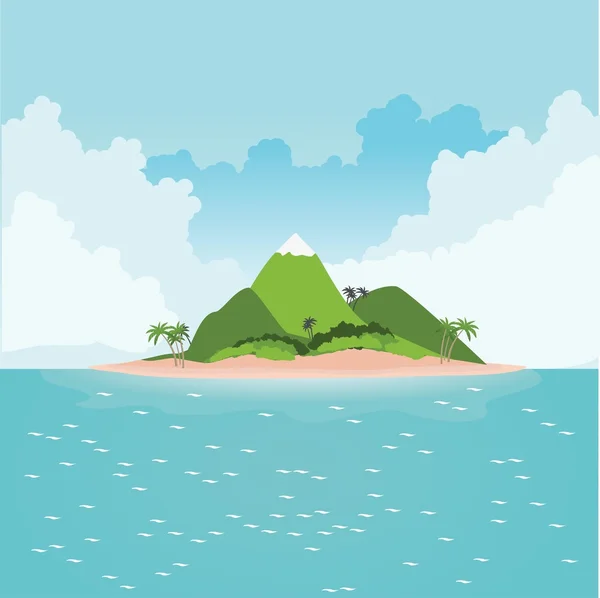 Tropical island in ocean with palm trees and mountains — Stock Vector