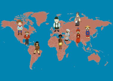 Dünya Haritası ve insanlar geleneksel kostümleri. Dünya ülkesi: Amerikan, Hint, Rusça, Çince, Almanca, Arapça, Afrika, Latin.