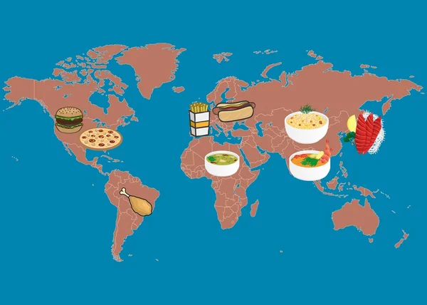 อาหารโภชนาการในประเทศต่างๆบนแผนที่โลก — ภาพเวกเตอร์สต็อก