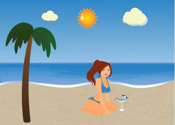 Sexy estate ragazza seduta sulla spiaggia — Vettoriale Stock