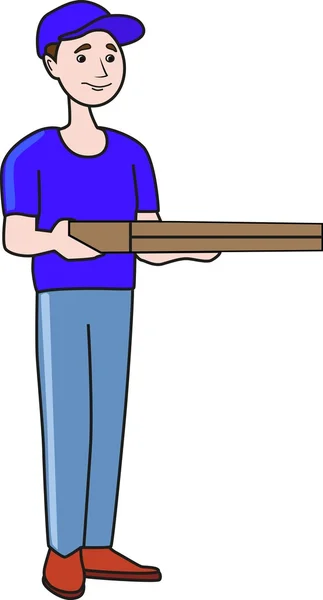 Доставка піци молодий чоловік у синій футболці, що стоїть з коробкою для піци — стоковий вектор