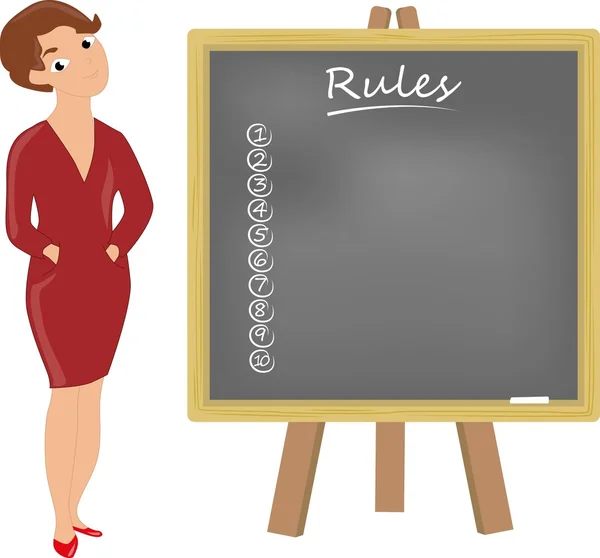 Insegnante formalmente vestito donna con lavagna mostra Regole — Vettoriale Stock