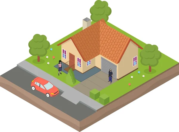 Maison isométrique avec arrière-cour, voiture et famille — Image vectorielle