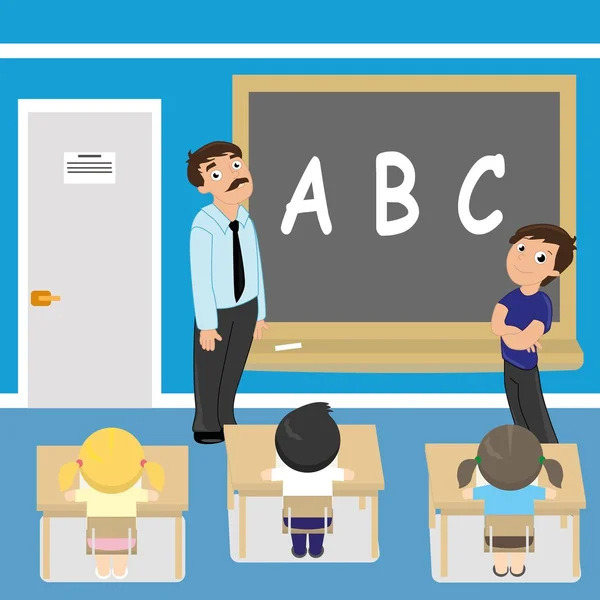 School english lesson. Little students and male teacher shows blackboard with ABC letters. — Stock Vector