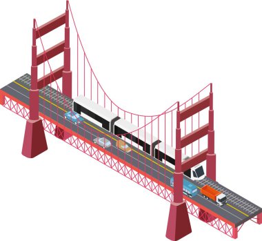 Otomobil, kamyon ve tren ile büyük bir izometrik asma köprü bir vektör çizim.