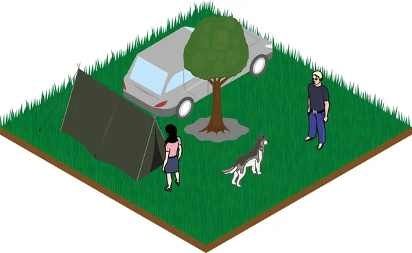 Camping forestier 3D isométrique avec voiture, tente et personnes — Image vectorielle