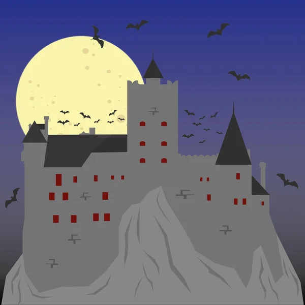 Castello scuro con pipistrello, luna piena. Halloween sfondo . — Vettoriale Stock