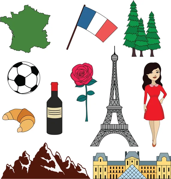 Conjunto de artículos Francia: bandera, tierra, vino, torre de París — Vector de stock