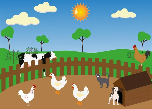 Djur på gården: kyckling, hund, katt, ko. — Stock vektor