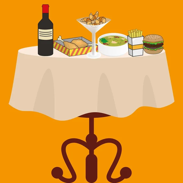 제공 다른 음식과 와인 테이블: 치킨, 햄버거, 감자 튀김 — 스톡 벡터