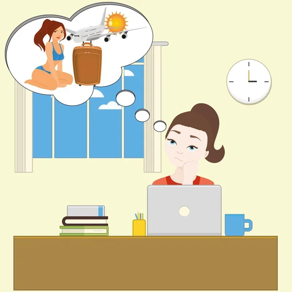 Office Girl Dreaming About Holidays on sunny beach — Stock Vector