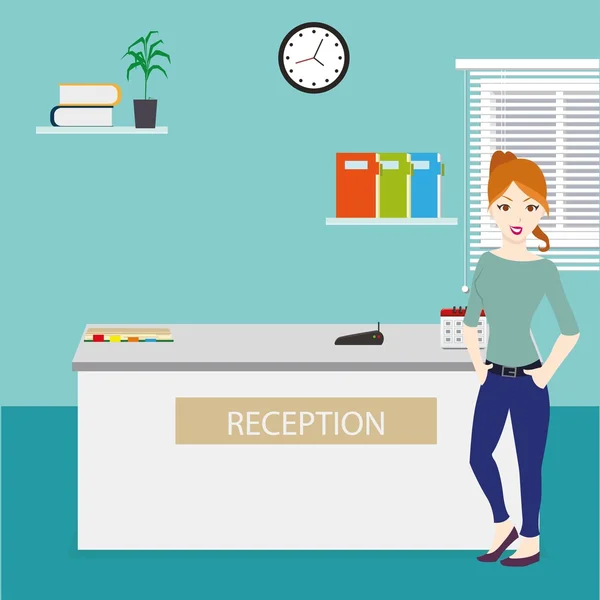 Happy female receptionist standing at hotel reception — Stock Vector