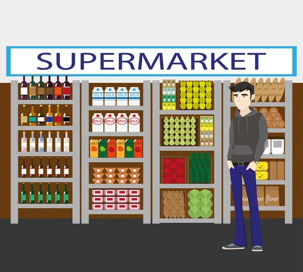 Supermarché intérieur : vitrines, fruits, légumes, boissons. Homme choisissant des produits de magasin . — Image vectorielle