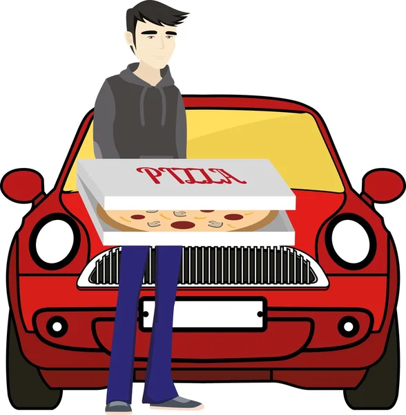 Entrega de pizza. Hombre de pie con pizza en frente de coche de pizza . — Vector de stock