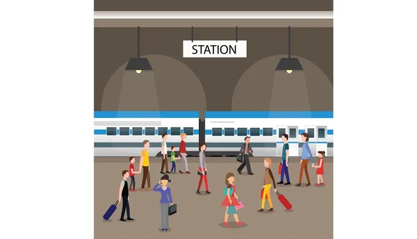 Situação do metro. Carruagem subterrânea com multidão de caminhadas no metrô . —  Vetores de Stock