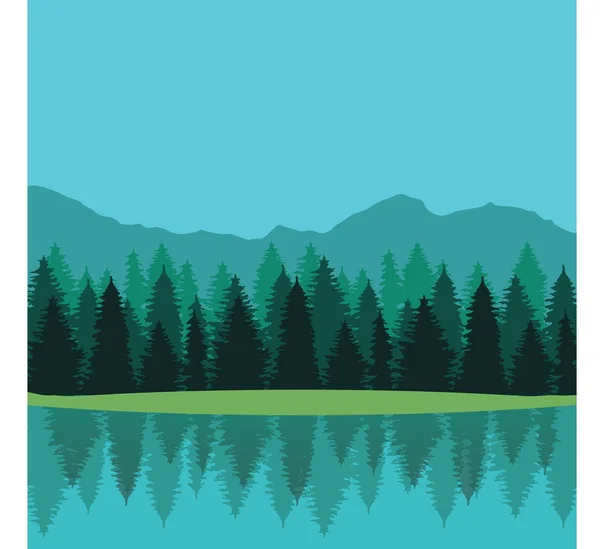 Lac entouré de conifères et de montagnes — Image vectorielle
