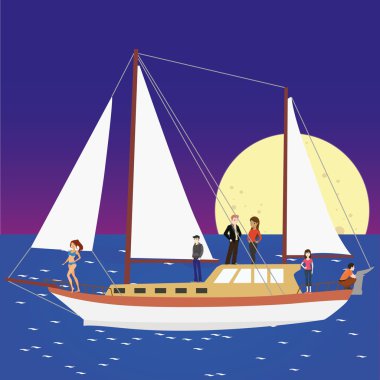 Gece yat partisi büyük moon ile açık denizde