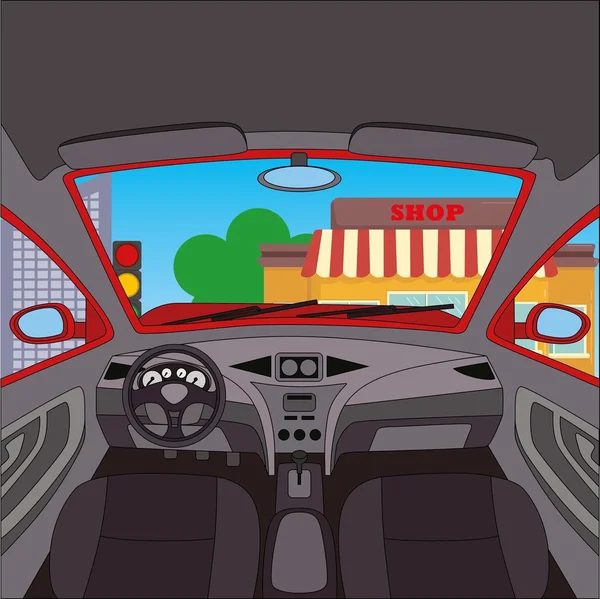 Interior del coche con vista a la calle y tienda — Archivo Imágenes Vectoriales