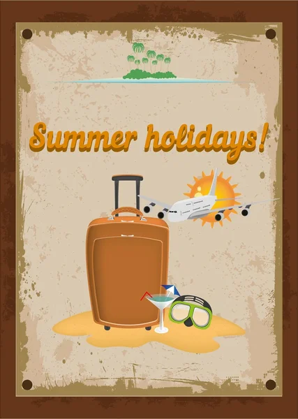 Літні канікули плакат з валізою, літаком і сонцем — стоковий вектор