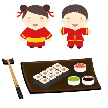 Asyalı çocuklar geleneksel Japon mutfağının tadını çıkarın.