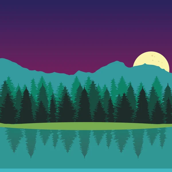 Pemandangan malam dengan bulan purnama, danau, hutan dan pegunungan - Stok Vektor