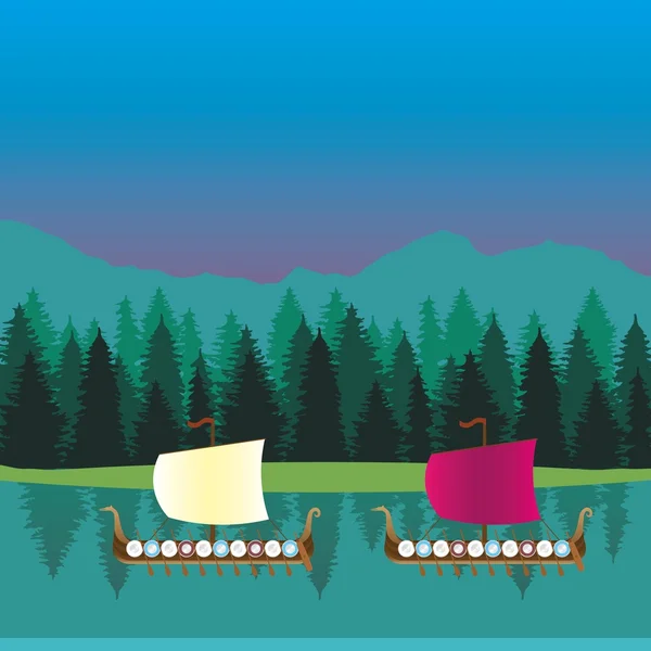 Nave vichinga naviga sul lago nella foresta — Vettoriale Stock