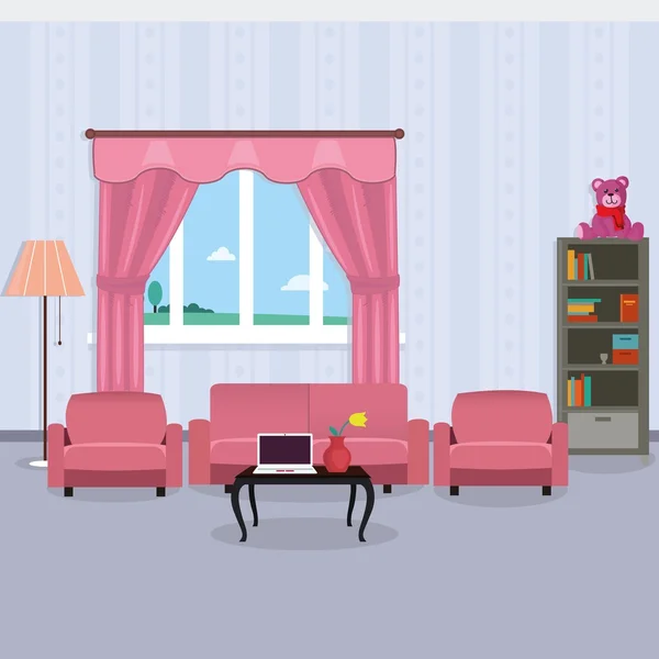 Habitación para niña en colores rosados con osito de peluche, laptop, sofá suave y libros — Vector de stock