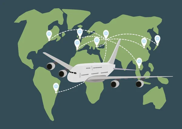 Itinéraires de vols avec avion sur la carte du monde — Image vectorielle