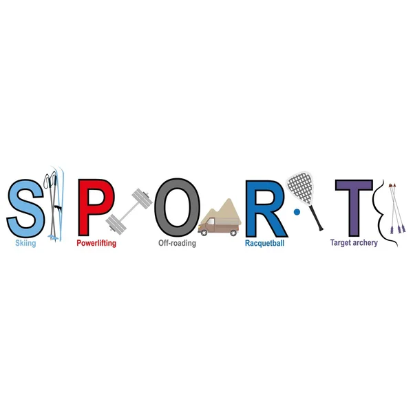 Palabra Deporte con letras deportivas: esquí, powerlifting, off-road, racquetball, tiro con arco objetivo . — Vector de stock