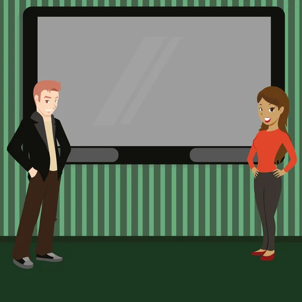 Joven hombre y mujer stangind en frente de la pantalla de televisión vacía — Vector de stock